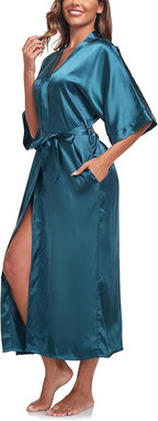 Womens Long Silky Robe Satin Kimono Robes Silk Bathrobe for Wedding Party Full Length Dressing Gown