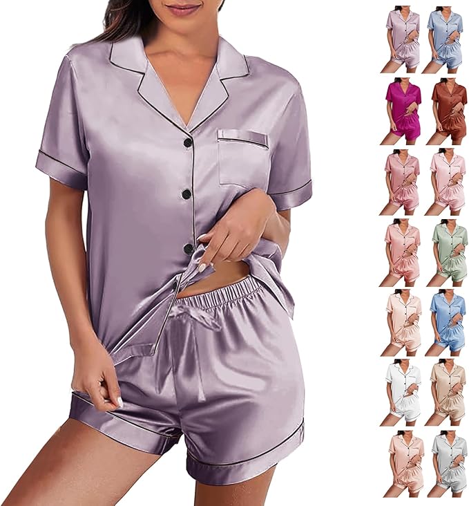 WJing Yi Jia Womens Silk Satin Pajamas Loungewear Two-Piece Sleepwear Button-Down Floral Pj Set XS-4XL