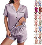 WJing Yi Jia Womens Silk Satin Pajamas Loungewear Two-Piece Sleepwear Button-Down Floral Pj Set XS-4XL
