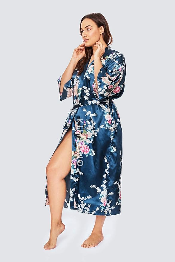 KIM+ONO Plus Size Luxury Kimono Robe for Women | Long Satin Floral Robe | Original Design | Removable Waist Tie Closure