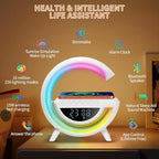 Smart Alarm Clock with Wireless Charging, 9.45" RGB Night Light Table Lamp, Bluetooth Speaker, Sound Machine, Sunrise Wake Up Light, Dimmable LED Lamp for Bedroom, Home Office, Dorm