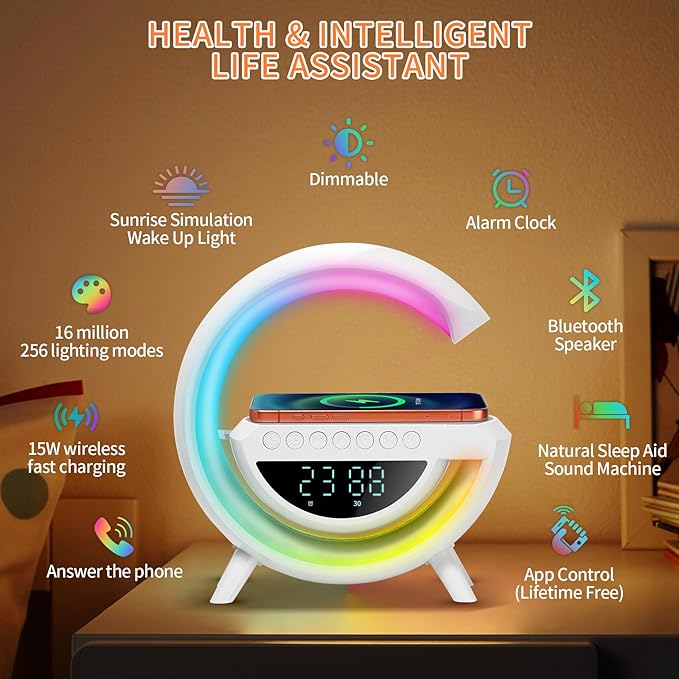 Smart Alarm Clock with Wireless Charging, 9.45" RGB Night Light Table Lamp, Bluetooth Speaker, Sound Machine, Sunrise Wake Up Light, Dimmable LED Lamp for Bedroom, Home Office, Dorm