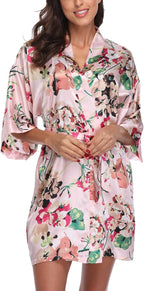 Women's Floral Satin Robes Bride Bridesmaid Getting Ready Robe Short Silky Kimono Sleepwear for Wedding Party