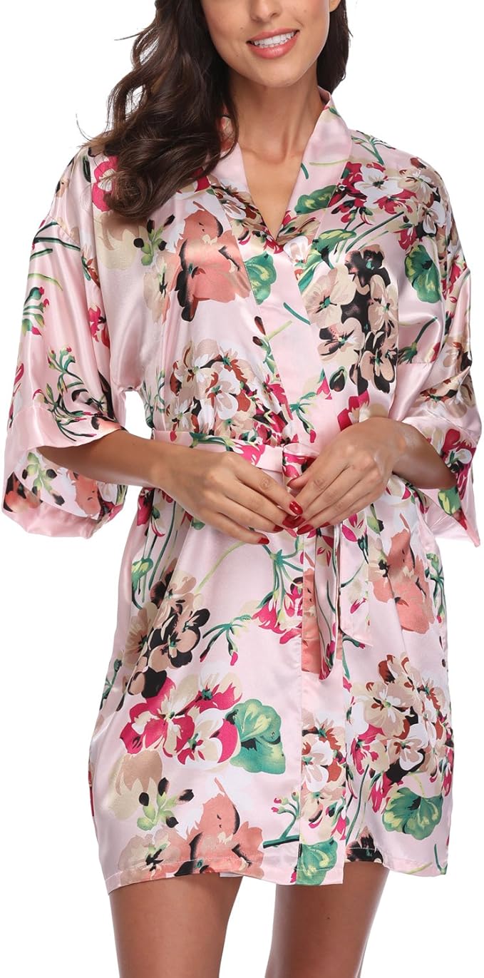 Women's Floral Satin Robes Bride Bridesmaid Getting Ready Robe Short Silky Kimono Sleepwear for Wedding Party