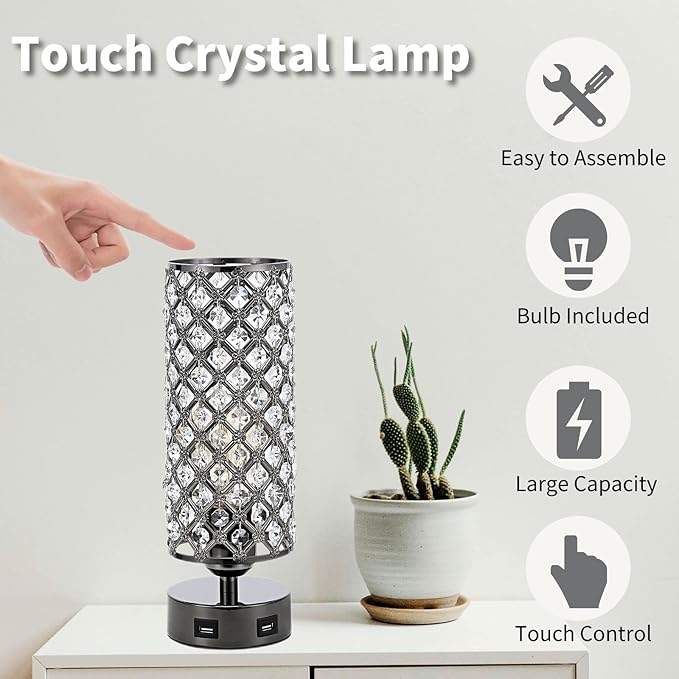 Crystal Table Lamps, Small Touch Desk Lamp Bedside Bedroom Lamp with 2 USB Charging Port Nightstand Night Light Room Decor for Kids Room, Home Office, Living Room,Bar, Restaurant (Black)