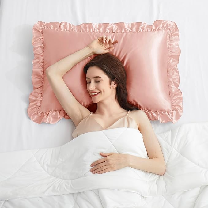 Silky Satin Ruffled Pillow Cases for Hair and Skin,Rose Gold Silk Pillowcases Queen Set of 2 with Envelope Closure Princess Room Decoration