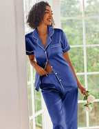 Ekouaer Silk Satin Pajamas Set Women Short Sleeve Sleepwear Soft Button Down Loungewear Pjs Set