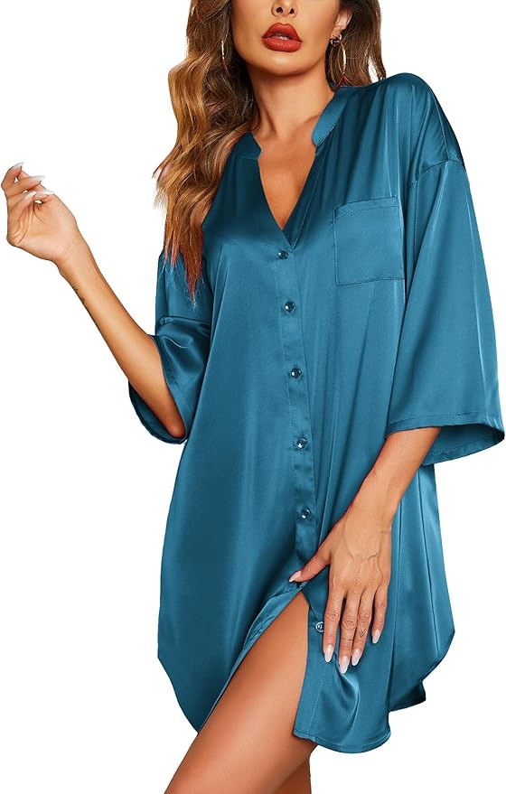 Ekouaer Satin Nightgowns for Women Silk Sleepwear Button Down Sleepshirt 3/4 Sleeve V-Neck Nightshirts with Pockets