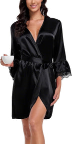 Lace Trim Satin Robes for Women Bride Bridesmaid Silky Kimono Robe Valentines Lingerie with Bell Sleeves
