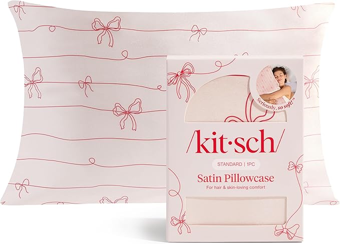 Kitsch Satin Pillowcase with Zipper for Hair & Skin - Softer Than Silk Pillow Cases, Smooth Cooling Satin Pillow Case, Wrinkle-Free Pillow Cases Standard Size (19x26) - Striped Bows