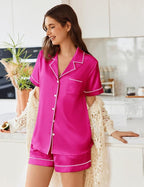 Ekouaer Womens Satin Silk Pajamas Set Short Sleeve Sleepwear Button Down Top and Shorts Loungewear 2 Piece Pjs Set S-XXL