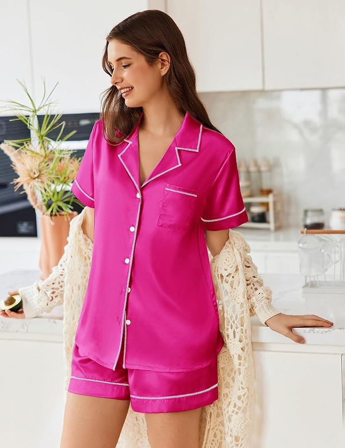 Ekouaer Womens Satin Silk Pajamas Set Short Sleeve Sleepwear Button Down Top and Shorts Loungewear 2 Piece Pjs Set S-XXL