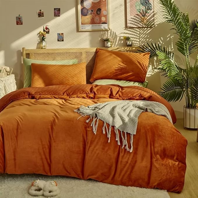 CLOTHKNOW Burnt Orange Velvet California King Comforter Set 3Pcs Fluffy Bedding Comforter Sets Soft Terracotta Comforter with 2 x Pillow Cases