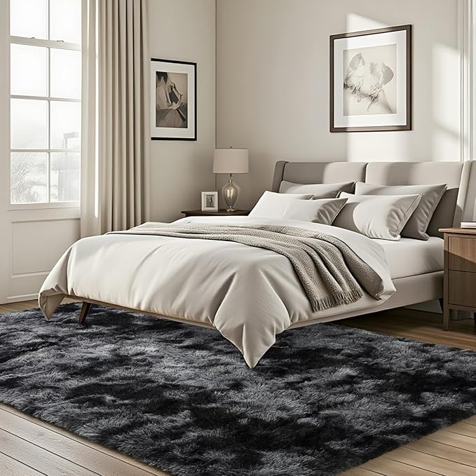 ISEAU Area Rugs 6x9 Feet for Living Room Rugs, Ultra Soft Fluffy Rugs for Bedroom, Non-Slip Modern Large Shag Bedroom Rug, Carpet for Living Room Home Decor, Tie-Dyed Dark Grey