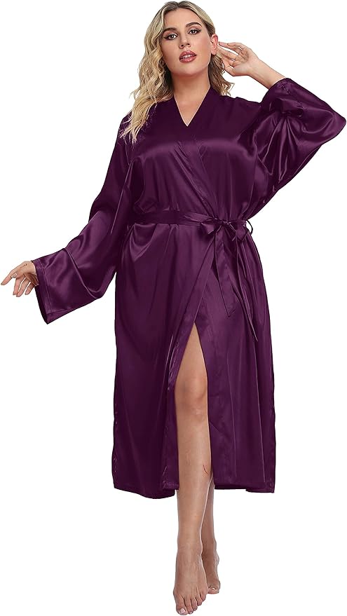 Women's Plus Size Satin Kimono Robes Long Silky Bathrobe Lightweight Sleepwear Wedding Dressing Gown