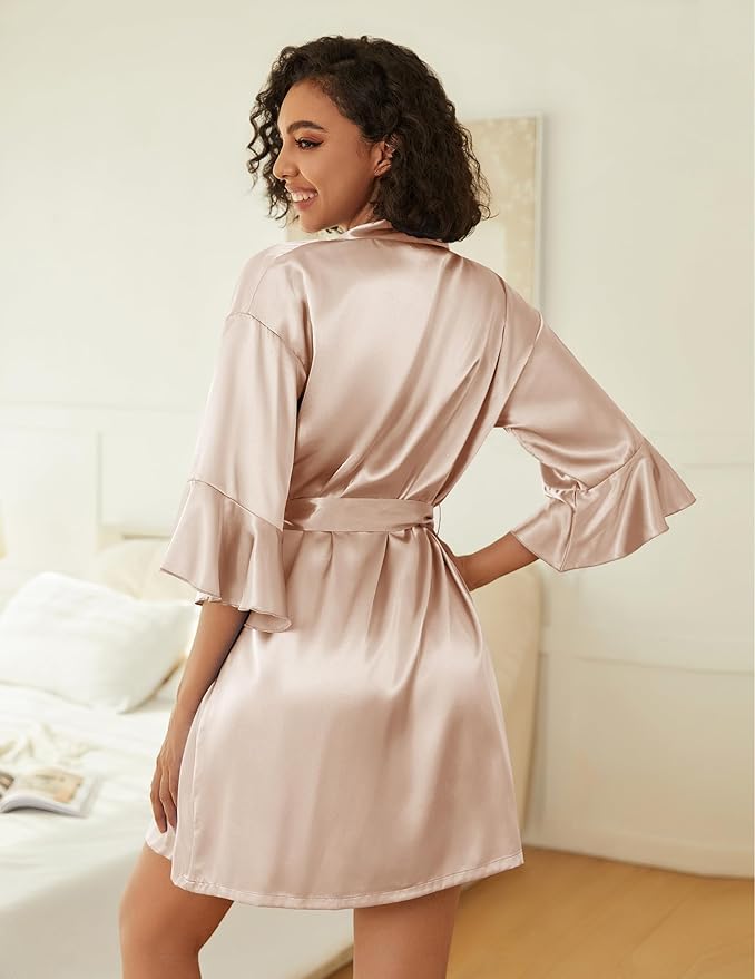 Ekouaer Women's Silk Robe Set V-neck 2 Piece Bridal Party Robes and Satin Bathrobe Set with Pockets