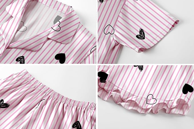 Umeyda Girls & Women Satin Pajamas Set Button Down 2 Piece Silk Pjs Shorts Set Ruffle Sleepwear, 5 Years-Women L