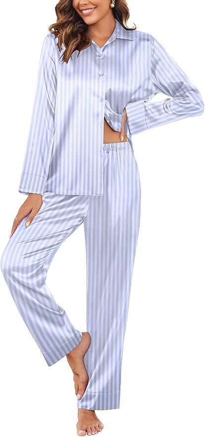 Ekouaer Women Satin Silk Pajamas Classic Long Sleeve Button Down Pjs Set Soft Loungewear