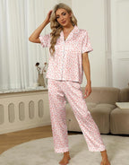 SAPJON Silk Pajamas for Women Set 4Pcs Ruffled Satin Pajamas Set Button Down Short Sleeve Cami Shorts Sleepwear Pj Set