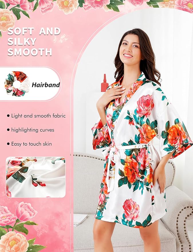 EPLAZA Silk Robes for Women Satin Robe Short Sexy Print Flower Kimono Loungewear Wedding Bridal Party