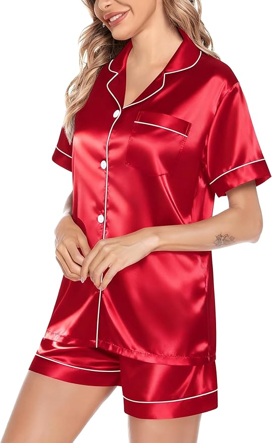 SWOMOG Satin Matching Pajamas Sets Couple Silk Button Down Nightwear Women & Men Short Sleeve Sleepwear 2 Pieces Loungewear