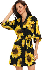 KLL Women's Kimono Robes Sunflower Short Satin Bathrobe Soft Skin-friendly Sleepwear V-Neck Loungewear