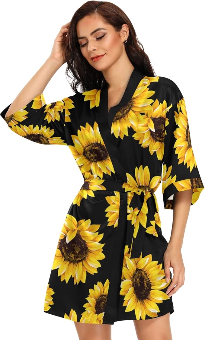 KLL Women's Kimono Robes Sunflower Short Satin Bathrobe Soft Skin-friendly Sleepwear V-Neck Loungewear