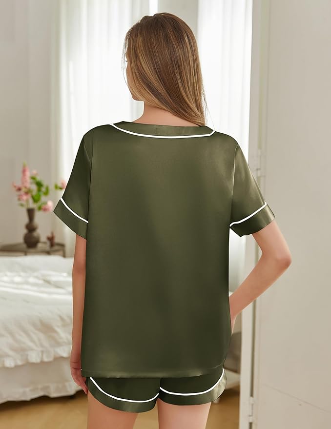 Silk Pajamas for Women Short Sleeve Satin 2 Piece Pj Set Soft V Neck Sleepwear Loungewear, S-XXL