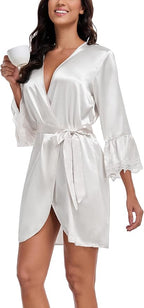 Lace Trim Satin Robes for Women Bride Bridesmaid Silky Kimono Robe Valentines Lingerie with Bell Sleeves
