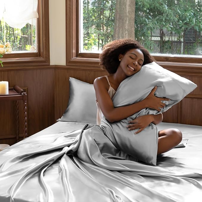 CozyLux Satin Sheets Cal King Sheet Set - 4 Piece Silky California King Sheets, Luxury Light Grey Bed Sheet Set with Smooth and Soft Microfiber, Includes 1 Fitted Sheet, 1 Flat Sheet and 2 Pillowcases