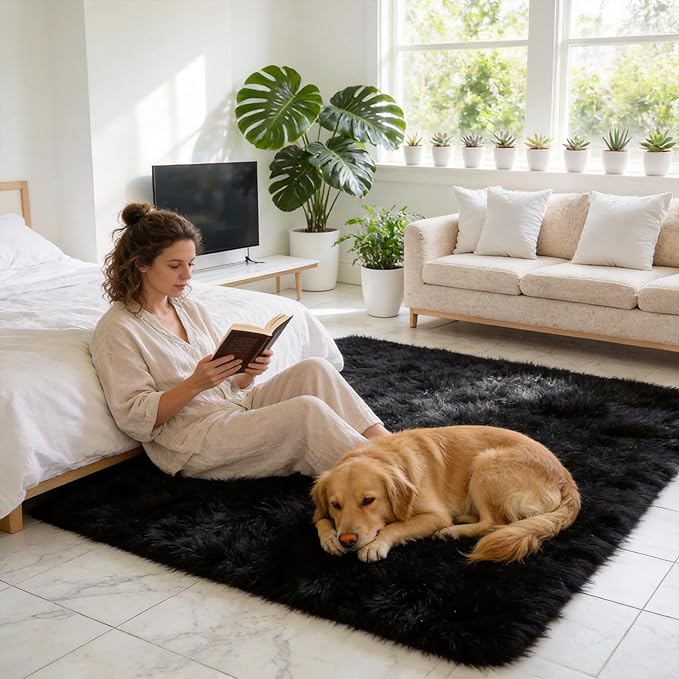 Shag Black Rug, 4x6 Area Rug for Dorm Bedroom Living Room, Non-Slip Ultra Fluffy Soft Area Rugs for Kids Room, Girls Room, Study, Office, Playroom, Easy to Clean, Modern Carpet Décor
