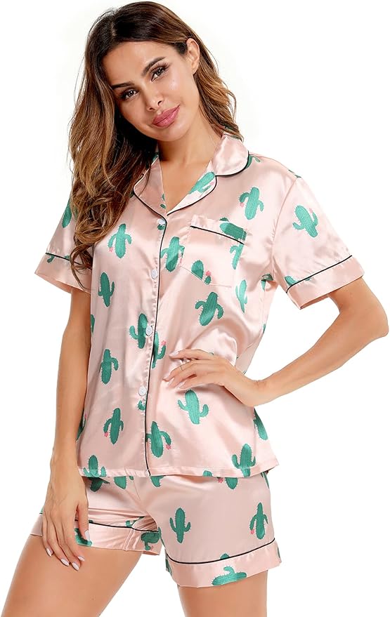 SWOMOG Womens Silk Satin Pajamas Set Short Sleeve Sleepwear Button Down Top and Shorts Loungewear 2 Piece Pjs Set XS-3XL
