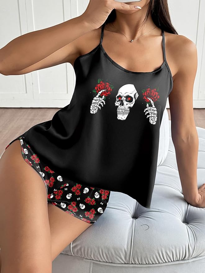 Ekouaer Silk Pajamas Set for Women Satin Backless Lingerie Pjs Cami Top and Shorts Nightwear