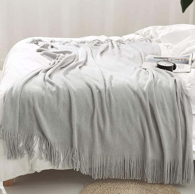 Homiest Decorative Knitted Throw Blanket with Fringe - Lightweight Acrylic Knit Blanket Soft & Cozy Tassel Blanket for Couch Sofa Bed - Light Grey, 60 x 80 Inch