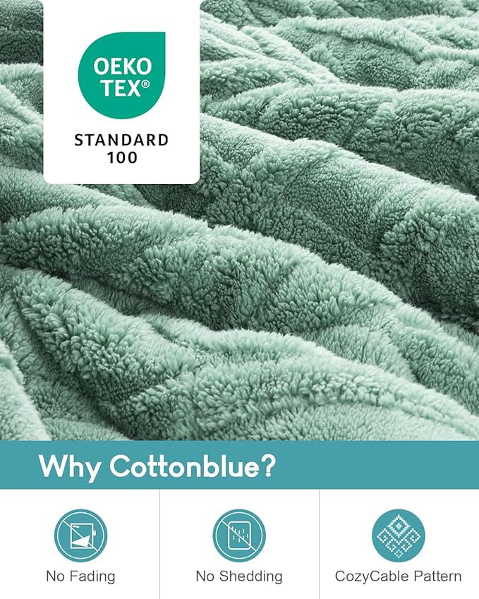 Cottonblue Jacquard Weighted Blanket 15 lbs for Adults Twin Size, Ultra Soft Sherpa Fleece Blanket for Relax and Sleep, Cozy Comfort Heavy Bed Blankets with Glass Beads, 48x72 Inches, Sage Green