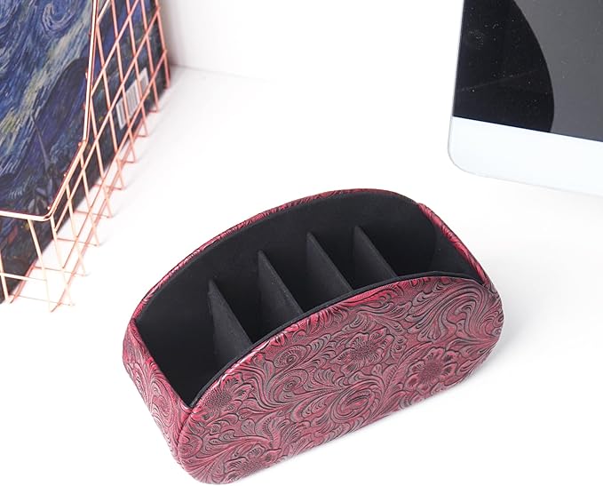 QIELIZI Remote Control Holder, PU Leather Remote Caddy Desktop Organizer with 5 Spacious Compartments for TV Remotes/Media Controllers/Office Supplies (1-Carved3 Red