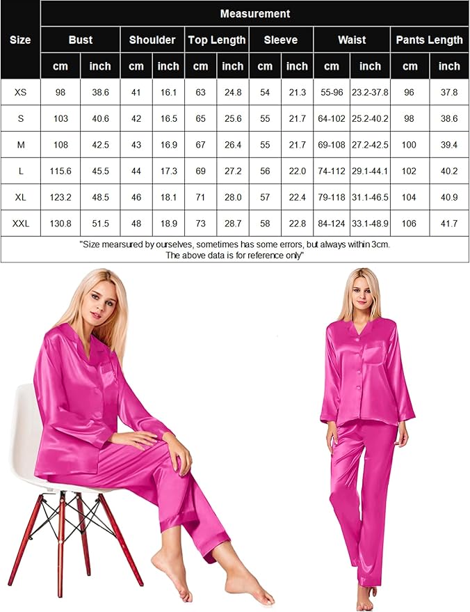 SWOMOG Long Sleeve Pajamas Set Silk Satin Sleepwear Button Down Pjs Loungewear with Pocket