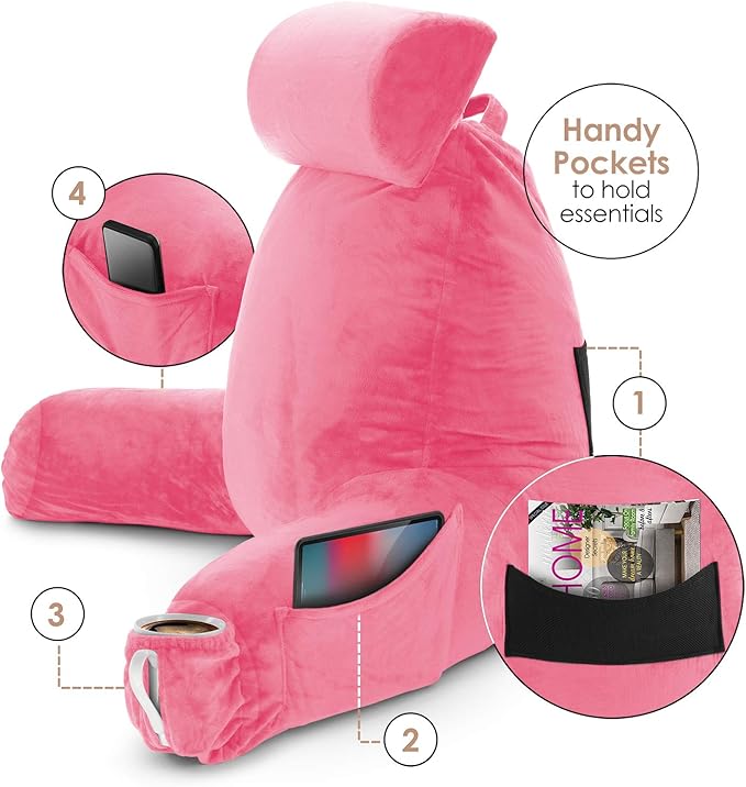 Clara Clark Reading Pillow with Shredded Memory Foam Includes 2 Neck and Lumber Support Pillows, Designed for Sitting Up in Bed and Couch Back and Arms Adjustable Support for Adults & Teens Light Pink