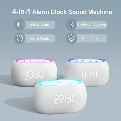 ANJANK White Noise Sound Machine Alarm Clock with Hi-Fi Bluetooth Speaker, 21 Soothing Sounds/7 Night Lights, 0-100% Dimmer/Sleep Timer/Volume Control, Soother for Adults Kids Sleeping, Bedroom, White