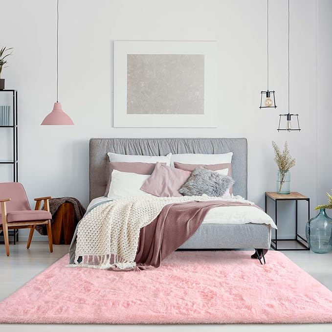 Jelymark Super Soft Shaggy Rug for Bedroom, 5x8 Feet Fluffy Carpet for Living Room, Fuzzy Indoor Plush Area Rug for Home Decor, Furry Floor Rugs for Dorm, Kids Nursery Rug for Girls, Pink