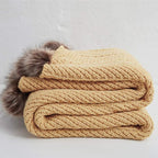 vctops Fur Pom Pom Knit Throw Blanket Super Soft Warm Cozy Cable Knitted Blanket for Sofa and Couch 51 x 63 Inch Mustard Yellow