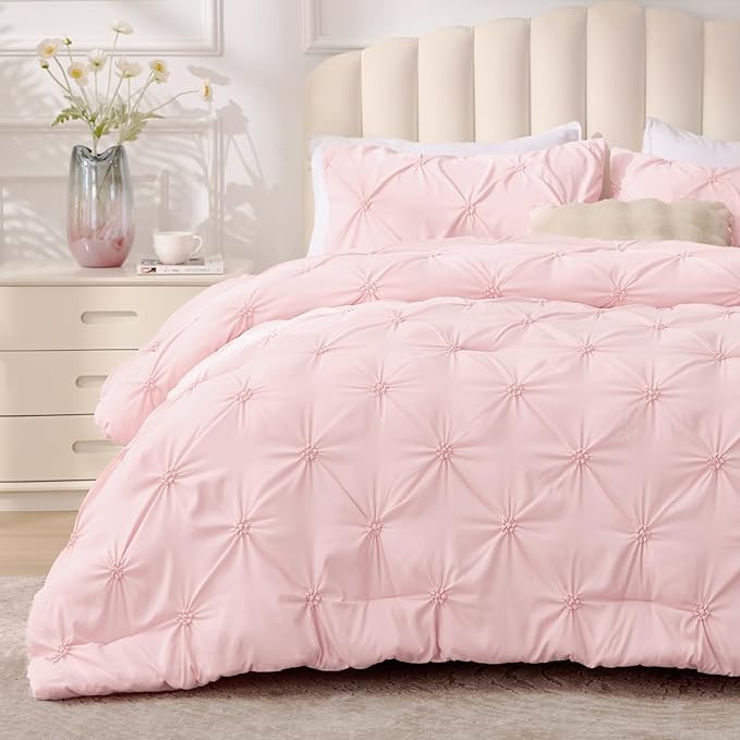 BEDELITE Baby Pink Twin Comforter Set - 2 Peices Boho Pintuck Bedding Comforter Sets, Lightweight Soft & Warm Twin Bedding Sets with 1 Pillowcase for All Season