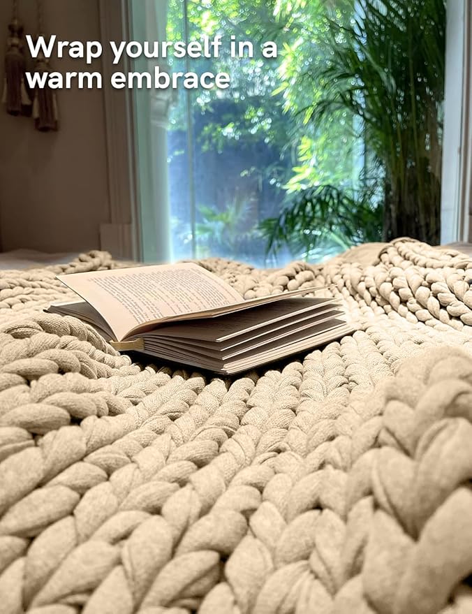 YnM Cotton Weighted Blanket, Handmade Chunky Knitted Design, Soft and Cozy, Temperature Regulating and Breathable, Machine Washable Throw for Sleep or Home Decor (Beige, 43x50 Inch, 10lbs)