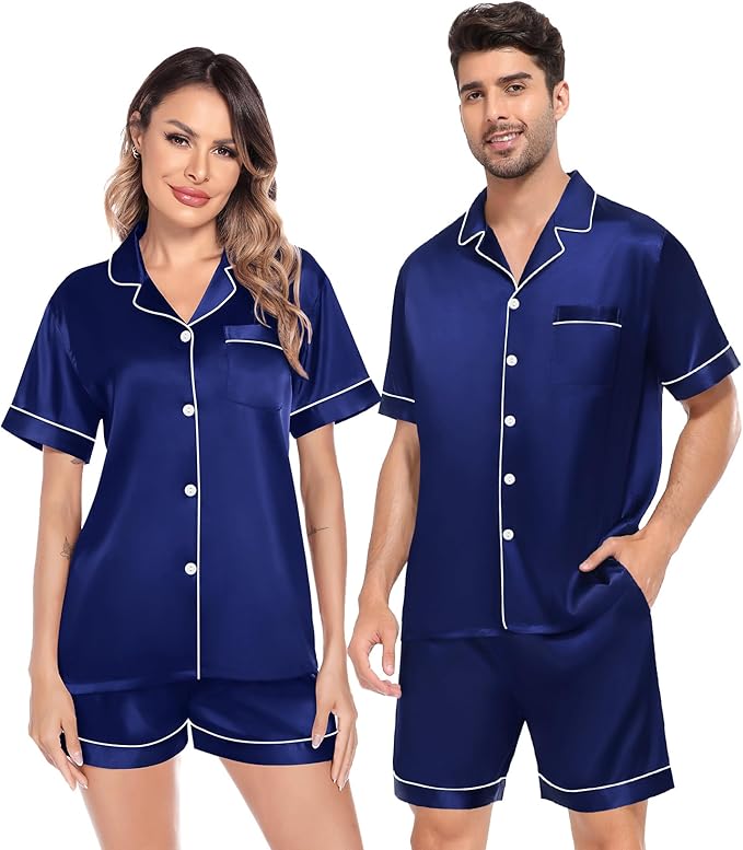 SWOMOG Satin Matching Pajamas Sets Couple Silk Button Down Nightwear Women & Men Short Sleeve Sleepwear 2 Pieces Loungewear