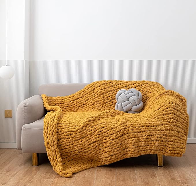 Chunky Knit Blanket Soft Chenille Yarn Knitted Throw Blanket 50"X60" Handmade Cable Warm Thick Giant Blanket for Couch Bed Trips (Turmeric Yellow, Throw 50"X60")?-¡­