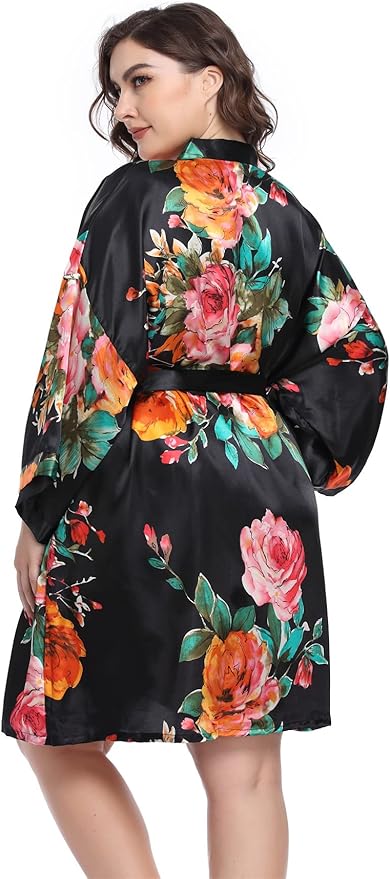 MissNina Women's Floral Satin Kimono Robes Short Silky Bridesmaid Robes Sleepwear