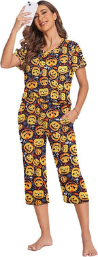 Ekouaer Women's Sleepwear Capri Pajama Sets Short Sleeve Two-Piece Pjs V Neck Tops & Capri Pants with Pockets S-3XL