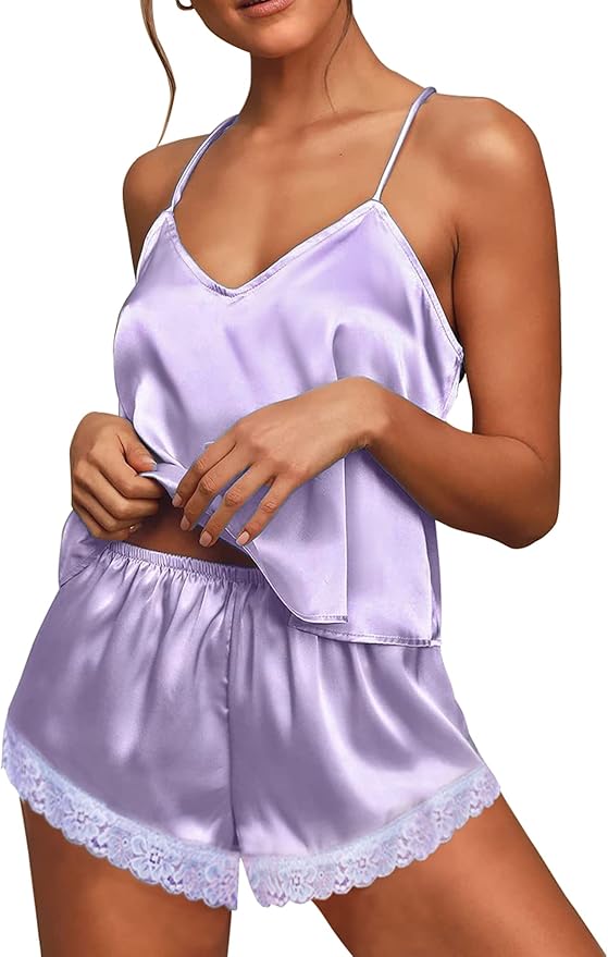Ekouaer Satin Pajamas Women Lace Sleepwear Lingerie Cami Shorts Set Nightwear XS-XXL