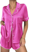 Ekouaer Womens Silk Satin Pajama Sets 2 Piece Button Down Silk Pjs Shorts Sets Cute Print Short Sleeve Sleepwear S-4XL