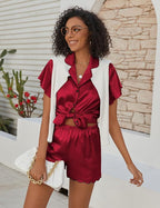 Ekouaer Women's Classic Button Down Ruffle Sleeves Short Satin Silk Pajama Set
